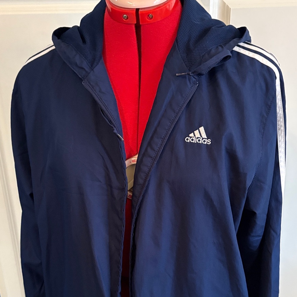 Adidas Men's Dark Blue Windbreaker with White Stripes